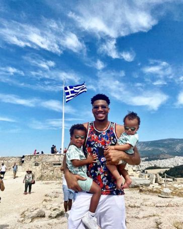 Giannis Antetokounmpo with his two sons Liam Charles Antetokounmpo and Maverick Shai Antetokounmpo.